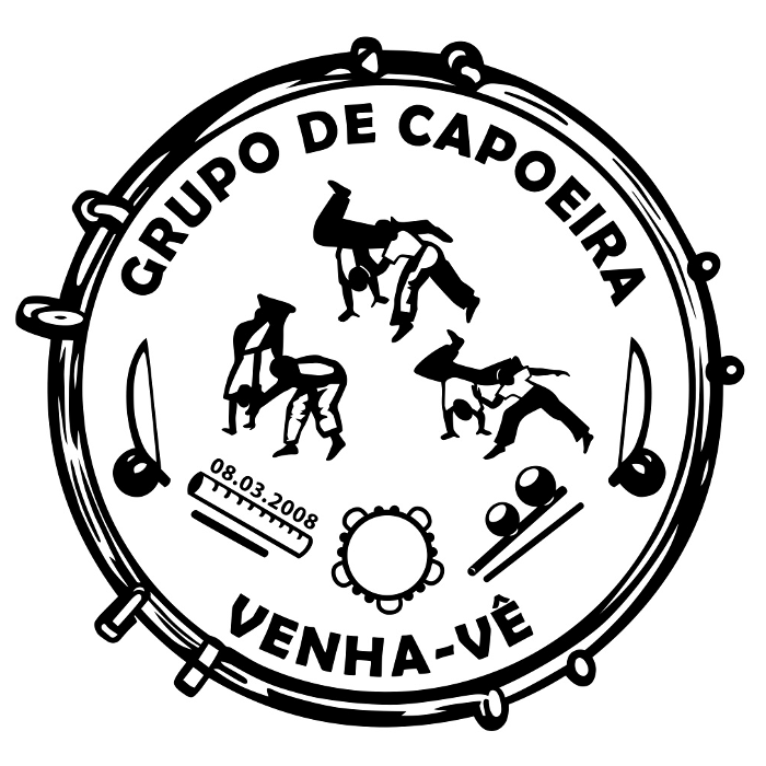 Logo Capoeira Angola Venha-Vê Dresden – Capoeiristas und Instrumente im Atabaque-Design